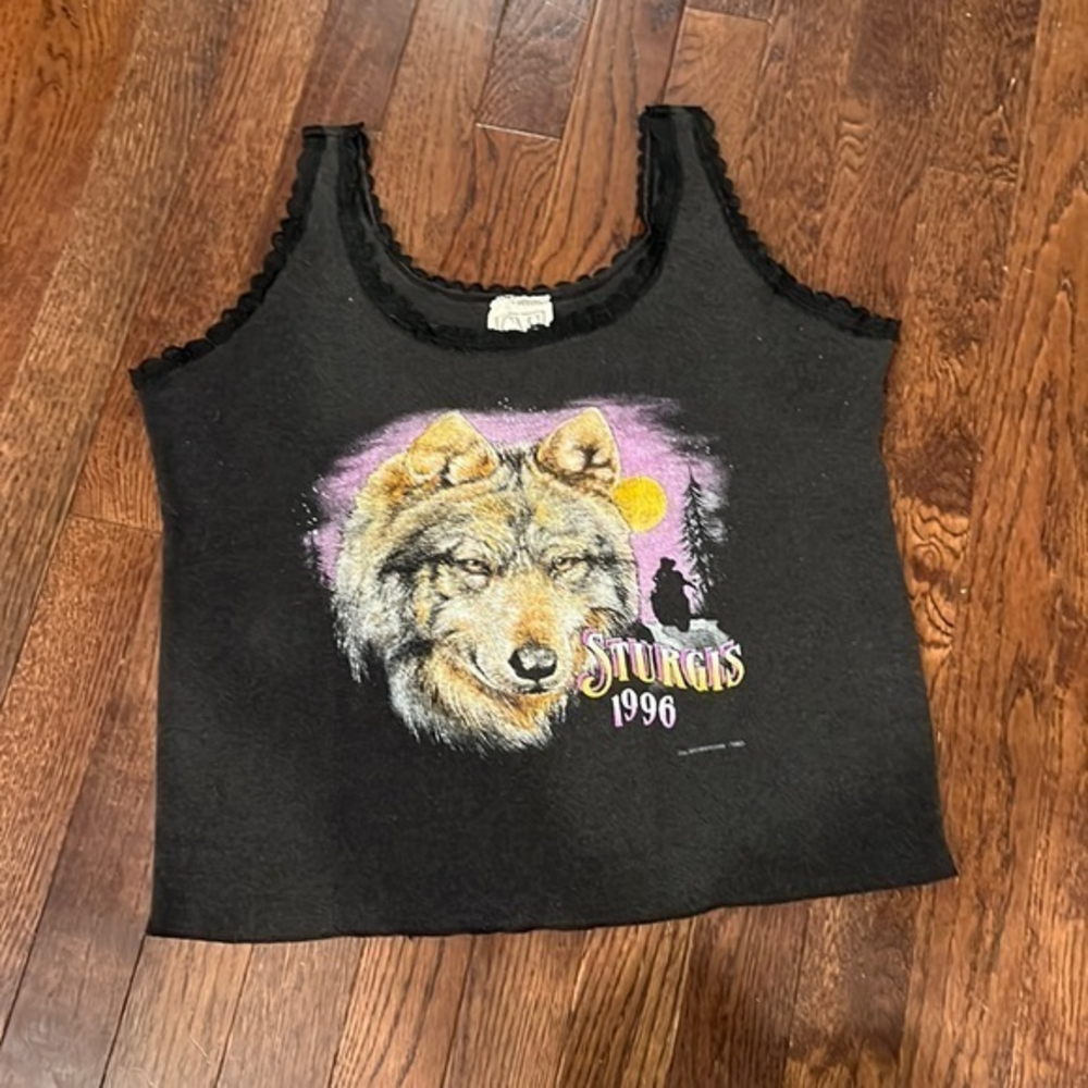 Vintage Sturgis Black Hills Rally‎ wolf tank top with Lace trim